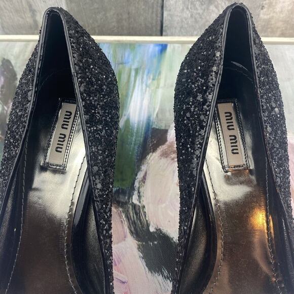 Miu Miu Black Patent Leather Glitter Peep Toe Platform Heels Size 40/9 - Picture 4 of 15